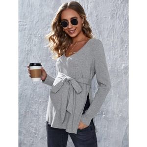 Maternity Solid Split Hem Belted Tee